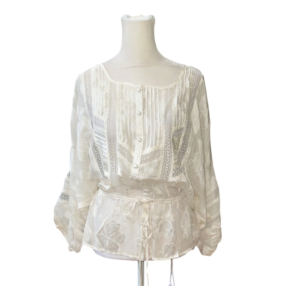 Champagne & Strawberry 100% Silk Embroidered Lace Blouse Cream White Medium NWT